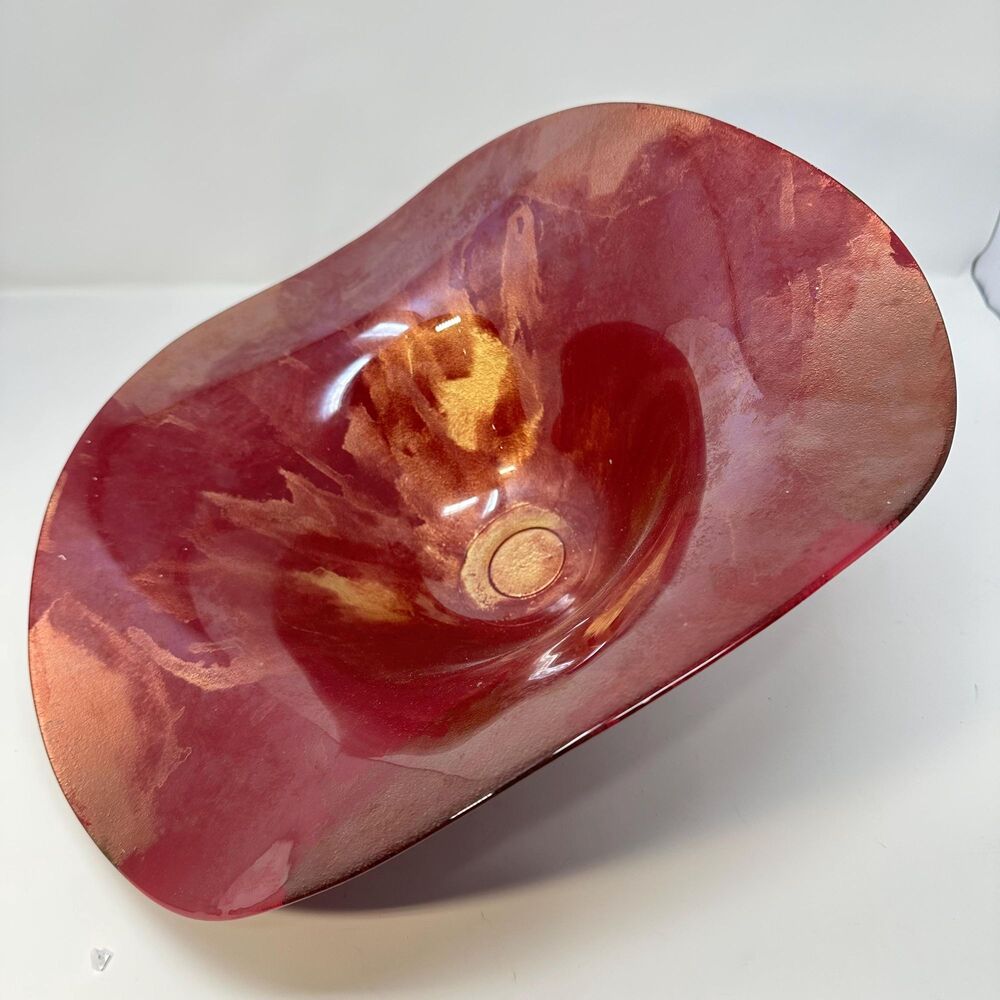Large 14" Freeform Art Glass Centerpiece Bowl–Handblown Vibrant Red & Gold Swirl